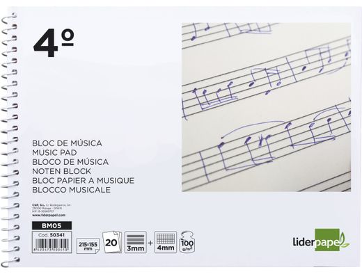 Bloc Musica Liderpapel Pentagrama 3Mm Mas Cuadricula de 4Mm para Anotaciones Cuarto20 Hojas 100G/M2