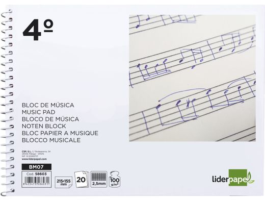 Bloc Musica Liderpapel Pentagrama Pautado 2,5Mm Cuarto 20 Hojas 100G/M2