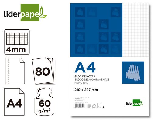 Bloc Notas Liderpapel Cuadro 4Mm A4 80 Hojas 60G/M2