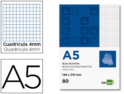 Bloc Notas Liderpapel Cuadro 4Mm A5 80 Hojas 60G/M2 Perforado