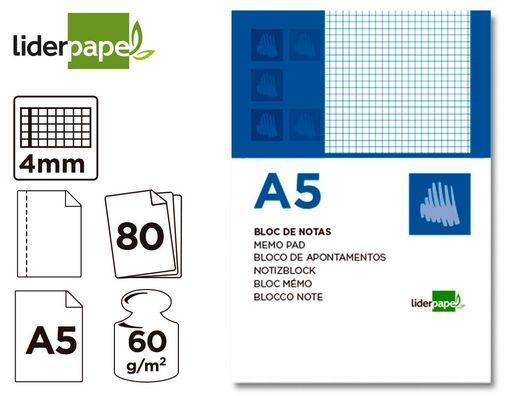 Bloc Notas Liderpapel Cuadro 4Mm A5 80 Hojas 60G/M2 Perforado