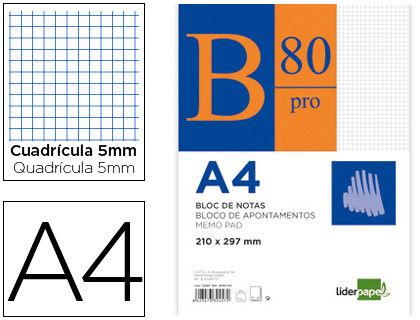 Bloc notas liderpapel cuadro 5mm a4 80 hojas 60g/m2 encolado