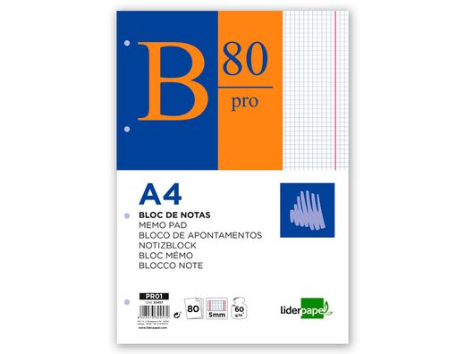 Bloc notas liderpapel cuadro 5mm a4 80 hojas 60g/m2 encolado