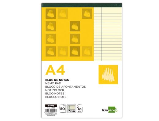 Bloc Notas Liderpapel Horizontal A4 50 Hojas Amarillas 60G/M2 Encolado