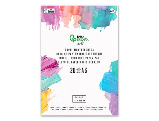 Bloc papel multitecnica liderpapel din A3 para acrilico oleo y gouache 20 hojas gramaje 260g/m2