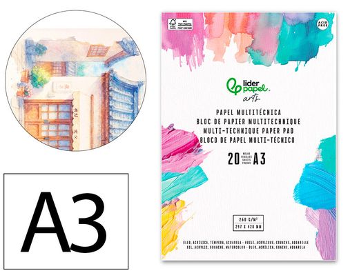 Bloc papel multitecnica liderpapel din A3 para acrilico oleo y gouache 20 hojas gramaje 260g/m2