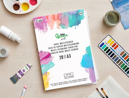Bloc papel multitecnica liderpapel din A3 para acrilico oleo y gouache 20 hojas gramaje 260g/m2