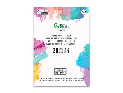 Bloc papel multitecnica liderpapel din A4 para acrilico oleo y gouache 20 hojas gramaje 260g/m2