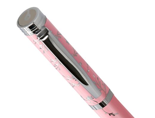 Boligrafo belius bella aluminio color rosa diseńo plateado relieve tinta azul caja de diseńo