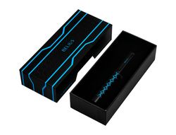 Boligrafo belius legacy aluminio diseńo circulos azul cuerpo negro tinta color azul caja de diseńo