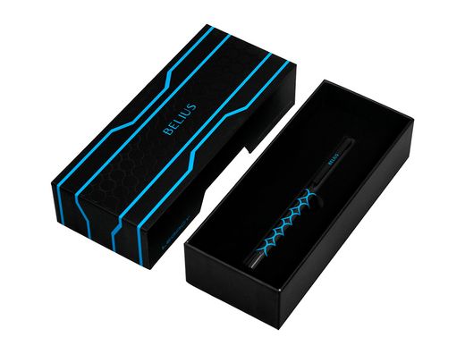 Boligrafo belius legacy aluminio diseńo circulos azul cuerpo negro tinta color azul caja de diseńo