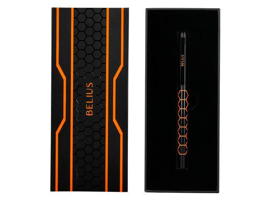 Boligrafo belius legacy aluminio diseńo hexagono naranja cuerpo negro tinta color azul caja de diseńo