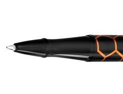 Boligrafo belius legacy aluminio diseńo hexagono naranja cuerpo negro tinta color azul caja de diseńo