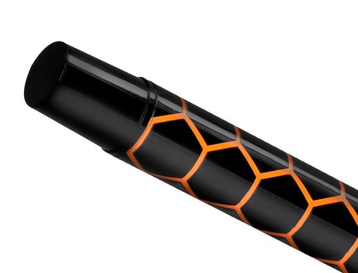Boligrafo belius legacy aluminio diseńo hexagono naranja cuerpo negro tinta color azul caja de diseńo