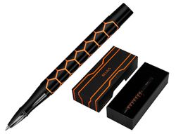 Boligrafo belius legacy aluminio diseńo hexagono naranja cuerpo negro tinta color azul caja de diseńo