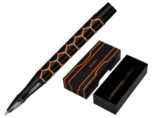 Boligrafo belius legacy aluminio diseńo hexagono naranja cuerpo negro tinta color azul caja de diseńo