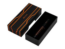 Boligrafo belius legacy aluminio diseńo hexagono naranja cuerpo negro tinta color azul caja de diseńo