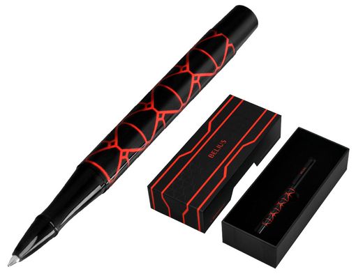 Boligrafo belius legacy aluminio diseńo triangulo rojo cuerpo negro tinta color azul caja de diseńo