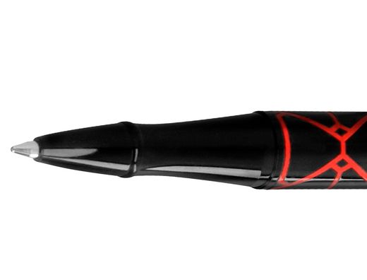 Boligrafo belius legacy aluminio diseńo triangulo rojo cuerpo negro tinta color azul caja de diseńo