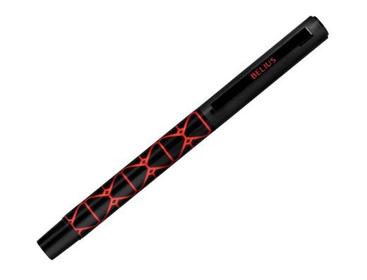 Boligrafo belius legacy aluminio diseńo triangulo rojo cuerpo negro tinta color azul caja de diseńo