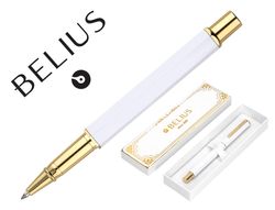 Boligrafo belius macaron bliss forma hexagonal color blanco y dorado tinta azul caja de diseño