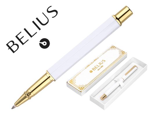 Boligrafo belius macaron bliss forma hexagonal color blanco y dorado tinta azul caja de diseño