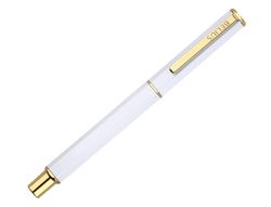 Boligrafo belius macaron bliss forma hexagonal color blanco y dorado tinta azul caja de diseño