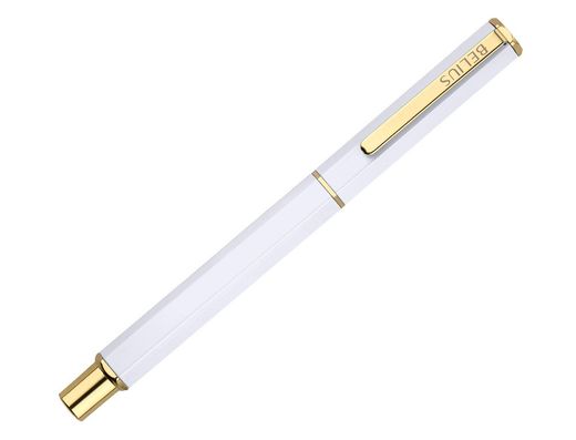Boligrafo belius macaron bliss forma hexagonal color blanco y dorado tinta azul caja de diseño