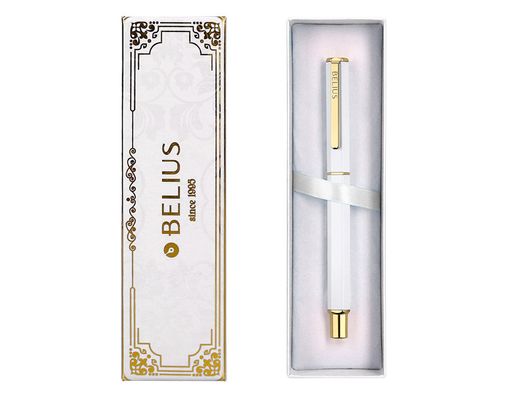 Boligrafo belius macaron bliss forma hexagonal color blanco y dorado tinta azul caja de diseño