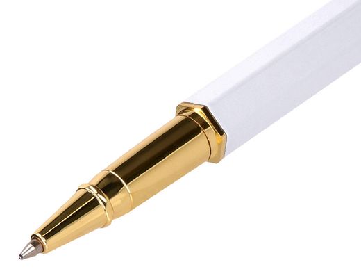 Boligrafo belius macaron bliss forma hexagonal color blanco y dorado tinta azul caja de diseño