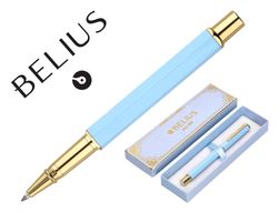Boligrafo belius macaron bliss forma hexagonal color celeste y dorado tinta azul caja de diseño