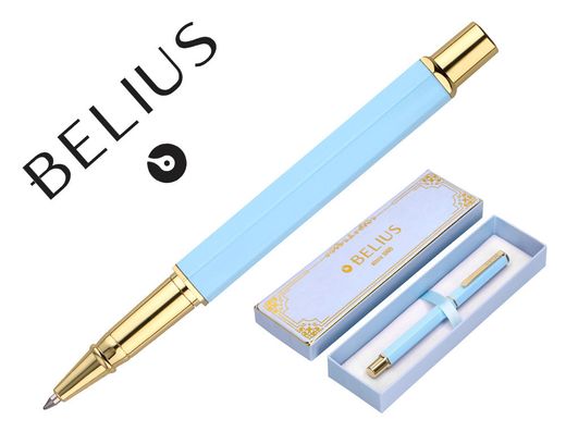 Boligrafo belius macaron bliss forma hexagonal color celeste y dorado tinta azul caja de diseño