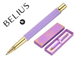 Boligrafo belius macaron bliss forma hexagonal color morado y dorado tinta azul caja de diseño