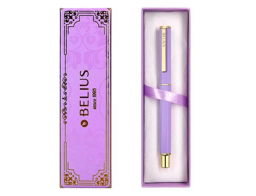 Boligrafo belius macaron bliss forma hexagonal color morado y dorado tinta azul caja de diseño