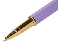 Boligrafo belius macaron bliss forma hexagonal color morado y dorado tinta azul caja de diseño