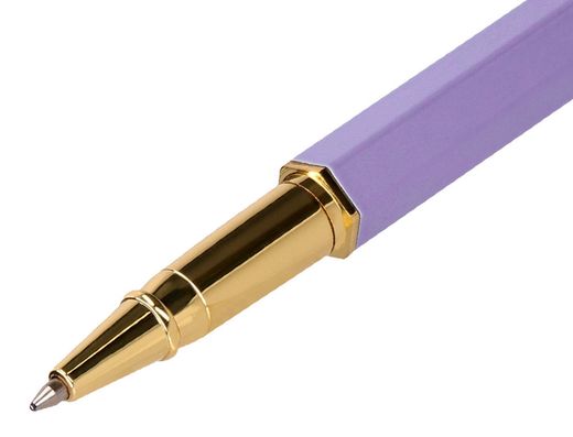Boligrafo belius macaron bliss forma hexagonal color morado y dorado tinta azul caja de diseño