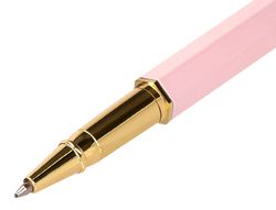 Boligrafo belius macaron bliss forma hexagonal color rosa y dorado tinta azul caja de diseño