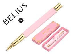 Boligrafo belius macaron bliss forma hexagonal color rosa y dorado tinta azul caja de diseño