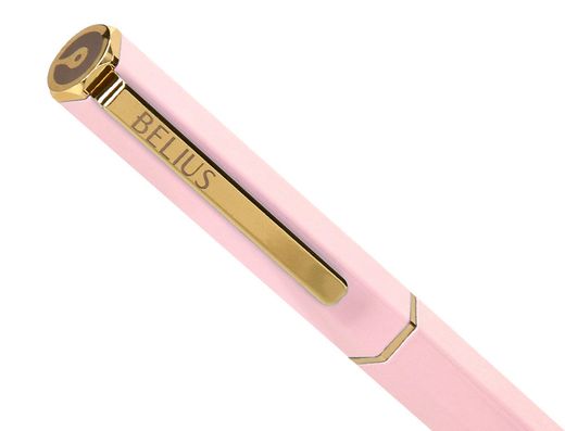 Boligrafo belius macaron bliss forma hexagonal color rosa y dorado tinta azul caja de diseño