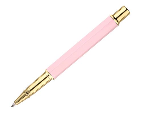 Boligrafo belius macaron bliss forma hexagonal color rosa y dorado tinta azul caja de diseño