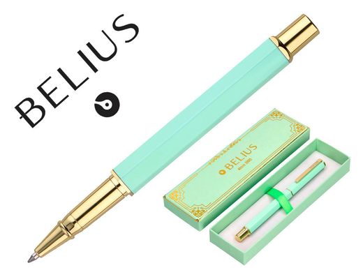 Boligrafo belius macaron bliss forma hexagonal color verde dorado tinta azul caja de diseño