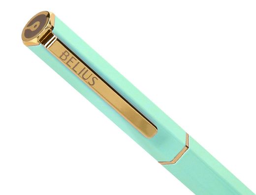 Boligrafo belius macaron bliss forma hexagonal color verde dorado tinta azul caja de diseño