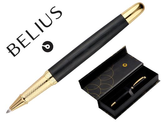 Boligrafo belius passion dor aluminio textura cepillada color negro y dorado tinta azul caja de diseño