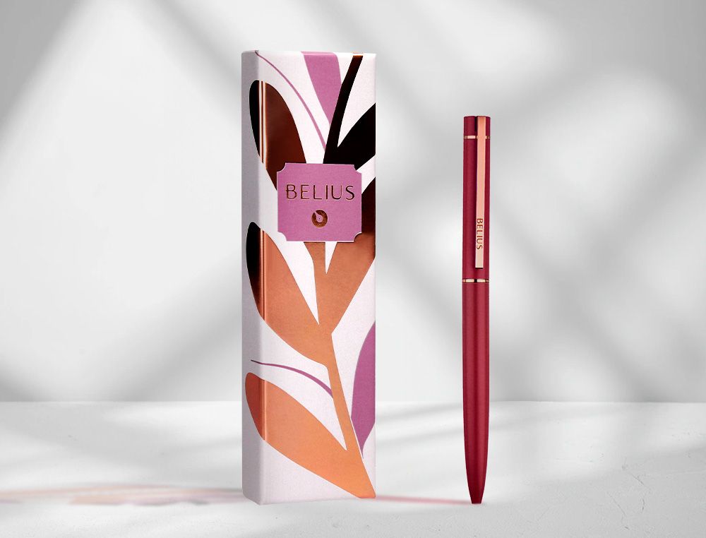 Boligrafo belius rose aluminio color burdeos oro rosa tinta azul caja de diseńo