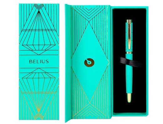 Boligrafo belius soiree aluminio color art deco turquesa y dorado tinta azul caja de diseño