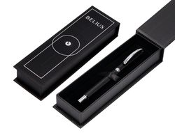 Boligrafo belius turbo aluminio textura punteada color negro y plateado tinta azul caja de diseño