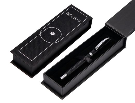 Boligrafo belius turbo aluminio textura punteada color negro y plateado tinta azul caja de diseño