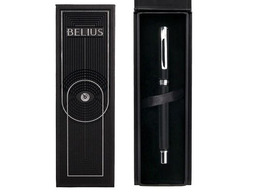 Boligrafo belius turbo aluminio textura punteada color negro y plateado tinta azul caja de diseño