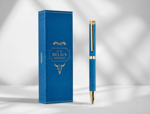 Boligrafo belius wild west aluminio color azul marino dorado tinta color azul caja de diseńo