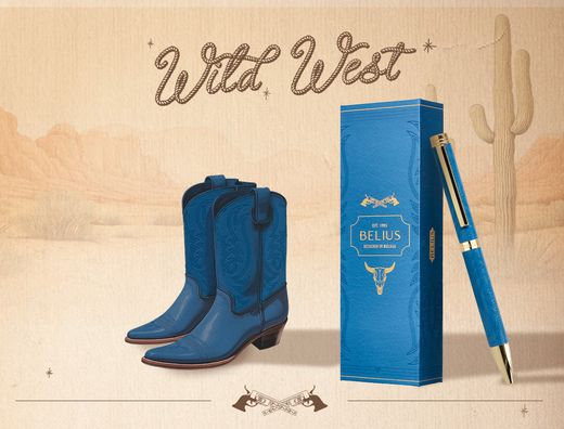 Boligrafo belius wild west aluminio color azul marino dorado tinta color azul caja de diseńo